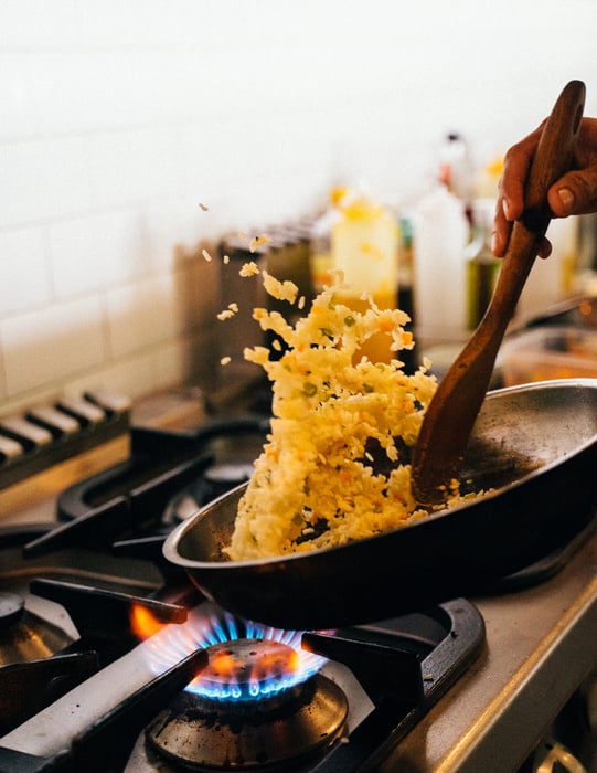 Cooking Fried Rice in Frying Pan